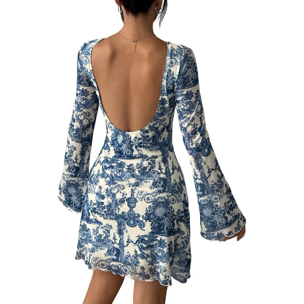 Women's Backless Mesh Mini Blue White Dress Printed Vintage 90s Long Bell Sleeve